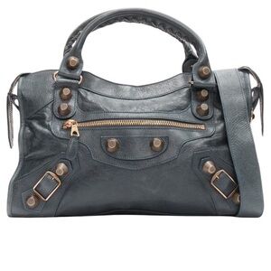 BALENCIAGA City dark green leather large copper studs top handle crossbody bag